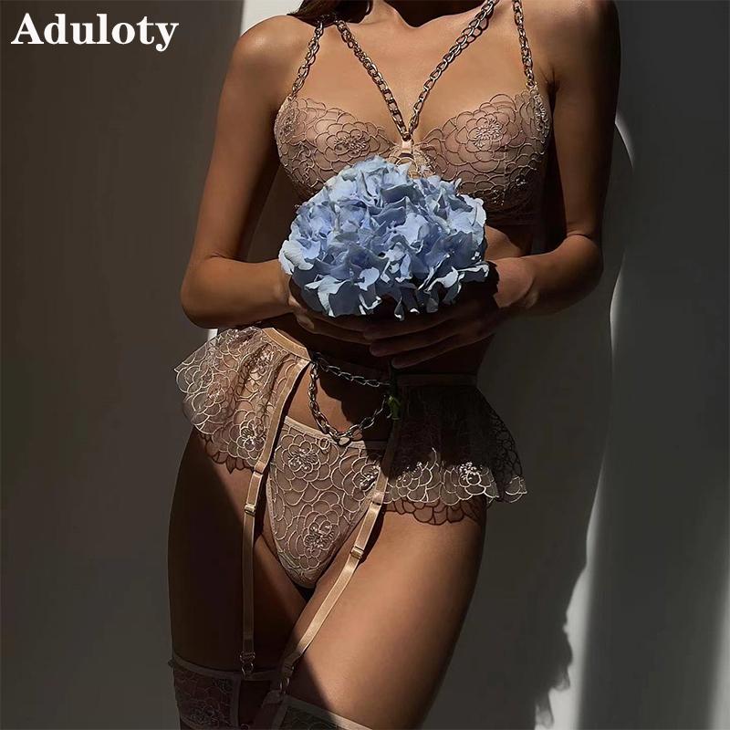 Aduloty New Temptation Erotic Lingerie Skin Color Exquisite Embroidery Pattern Metal Chain Suspenders Sexy Women's Underwear