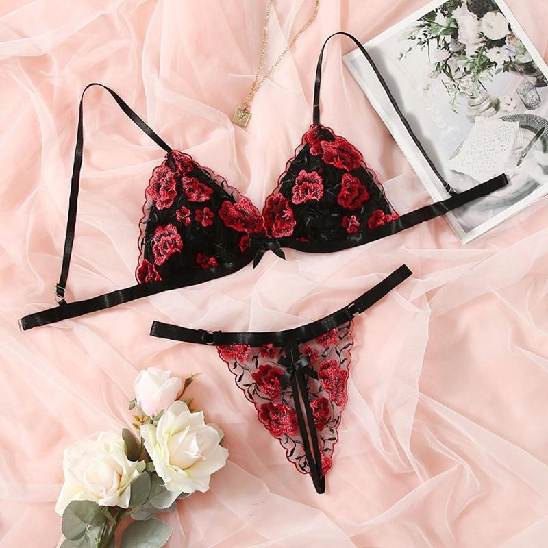 Melsya Sexy Lingerie Set Lace Floral Embroidery Underwear Women Sensual Transparent Bra 2-Piece Exotic Set Brassiere Outfits