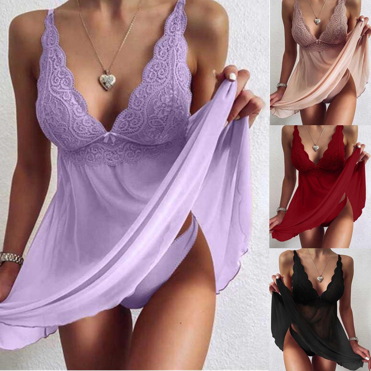 QM Dream Women Fashion Sleepwear Lace Sling Lingerie Backless Dress Underwear Babydoll Nightwear Lace Dress Nightdress Plus Size 5XL