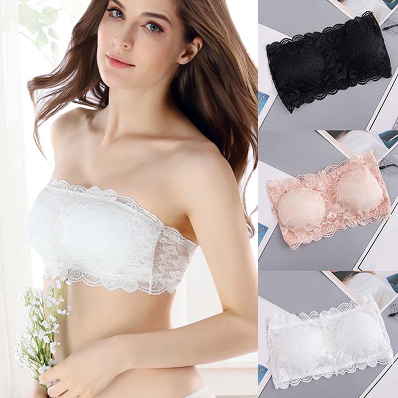 HH65XG Women Fashion Strapless Wireless Elastic Tube Top Lace Floral Push Up Bra Chest Wrap Bandeau Top Lingerie Padded Brassiere Underwear