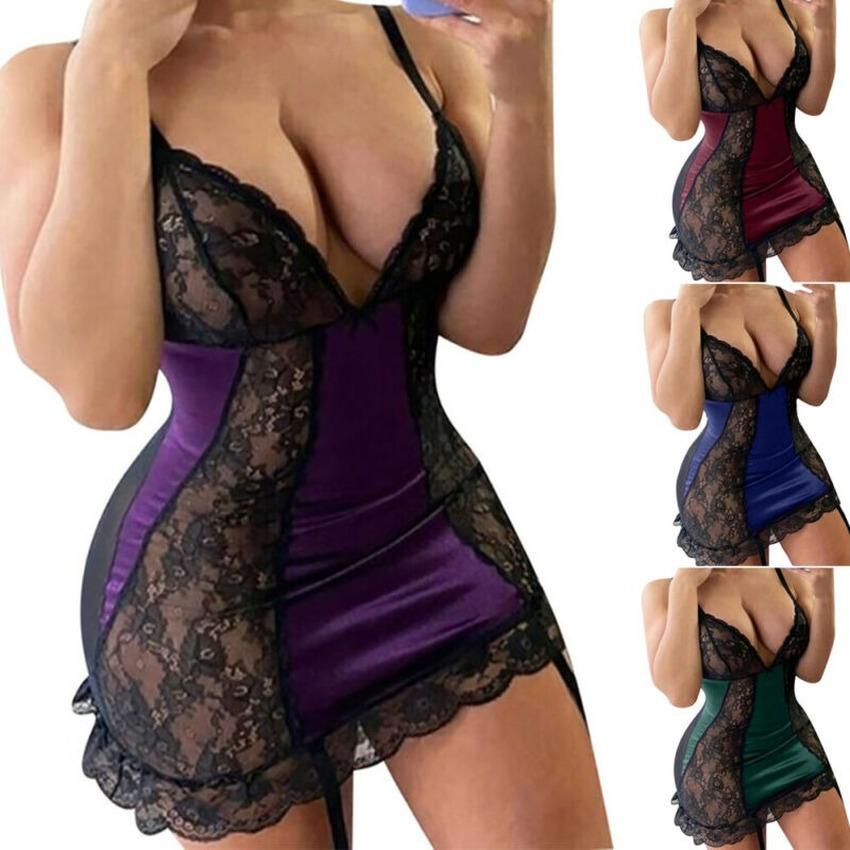lace mall Erotic Lace Plus Size Lingerie Women Deep V Neck Nightwear Underwear Sexy Sleepwear Camisole Dress