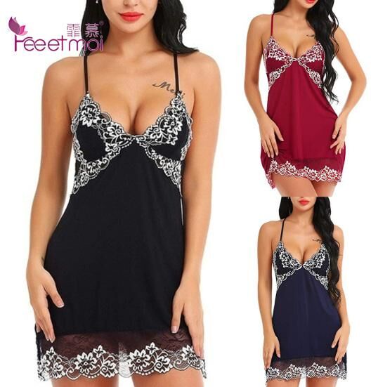 Fungogo Lace Lingerie Sexy Hot Erotic Flower Pajamas Babydoll Sleepwear V-Neck Sleeveless Backless Dress Nightgown Sleepwear