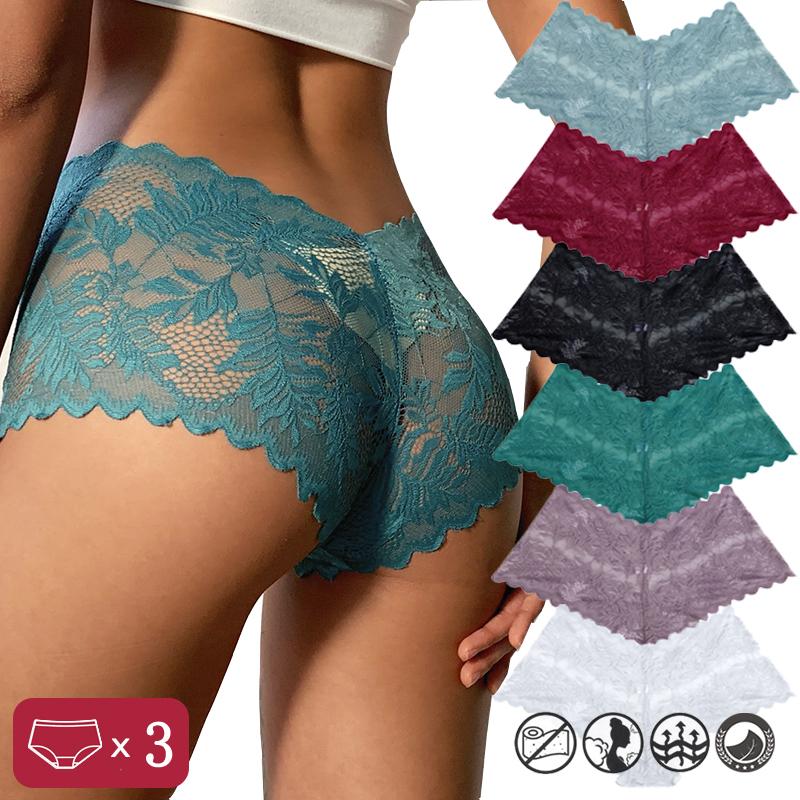 Taylor Erotic Lingerie 3PCS Women Sexy Lace Panties Floral Perspective Uderwear Solid Color Intimates Boyshort Female V Waist Breathablle Soft Lingerie