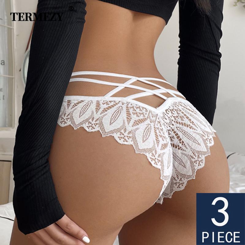 TERMEZY 3Pcs/Lot Panties Women Lace Underwear Sexy Low-Waist Briefs Hollow Out G String Underpant Solid Comfortable Female Lingerie