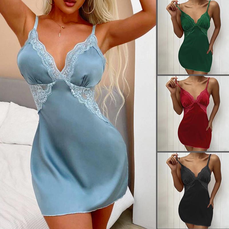 Sexy Lace Lingerie Women Lingerie Satin Lace Chemise Nightgown Sexy Sleepwear Women's Satin Nightshirt Silk Sleepshirt