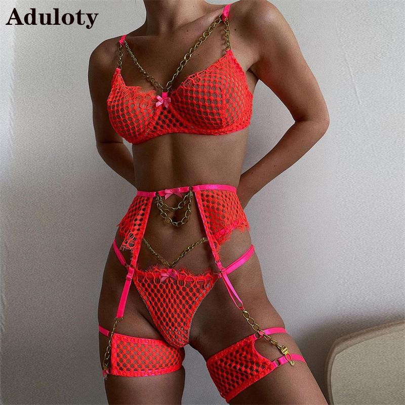 Aduloty New Sexy Erotic Lingerie Heavy Craft Metal Iron Chain Mesh Hole Bow Thong Garter Belt Ladies Underwear Four-Piece Set