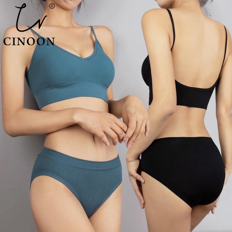 CINOON Cotton Underwear Suit Low-waist Briefs Backless Bralette Lingerie Women Seamless Bra Panty Set