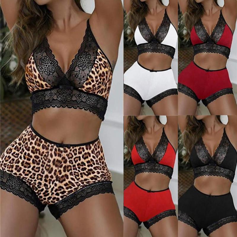 laiyin Women Lingerie Set Sexy Temptation Leopard Print Lace Stitching Two-piece V-neck Bra Panty Underwear Sets