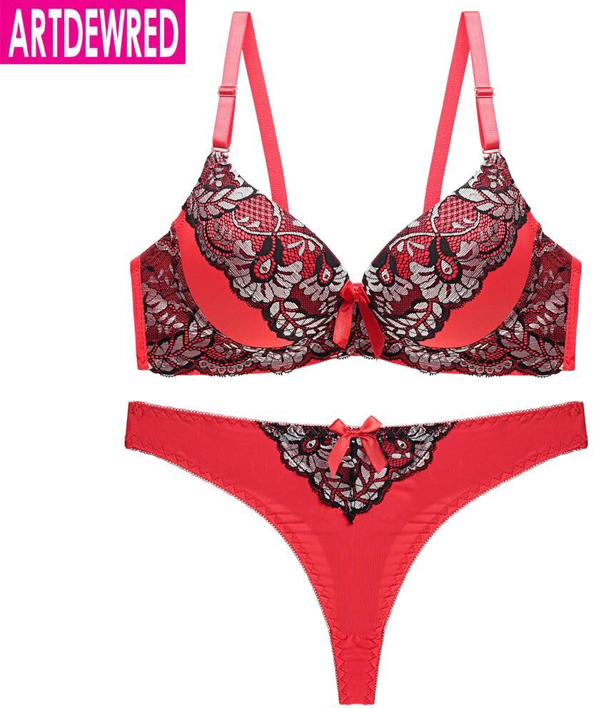 Artdewred Lingerie Fashion Women's Underwear Sets lingerie Gather Sexy Lace Plus Size Bra Thong Set Push Up Bralette