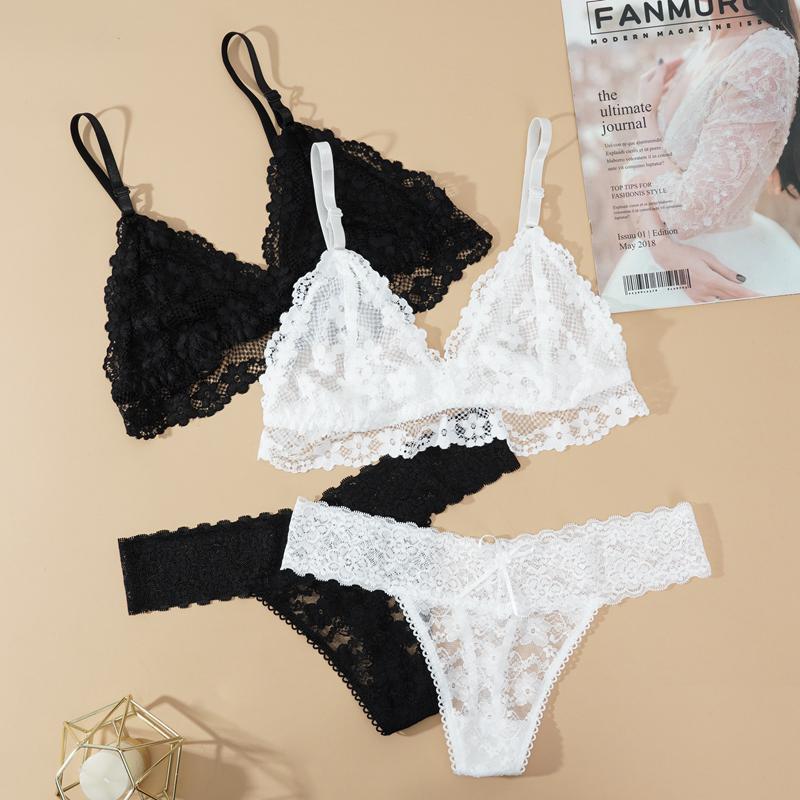 women underwear Sexy Women's Thin Lace Bra Lingerie Set Floral Bra and Low Waist Panties Two Piece Bikini Set