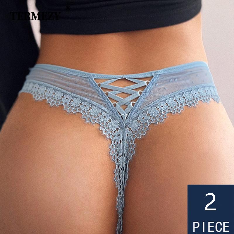 TERMEZY 2Pcs/lot Sexy Women Lace Panties Low-waist Underwear Thong Female G String Breathable Lingerie Temptation Embroidery Intimates
