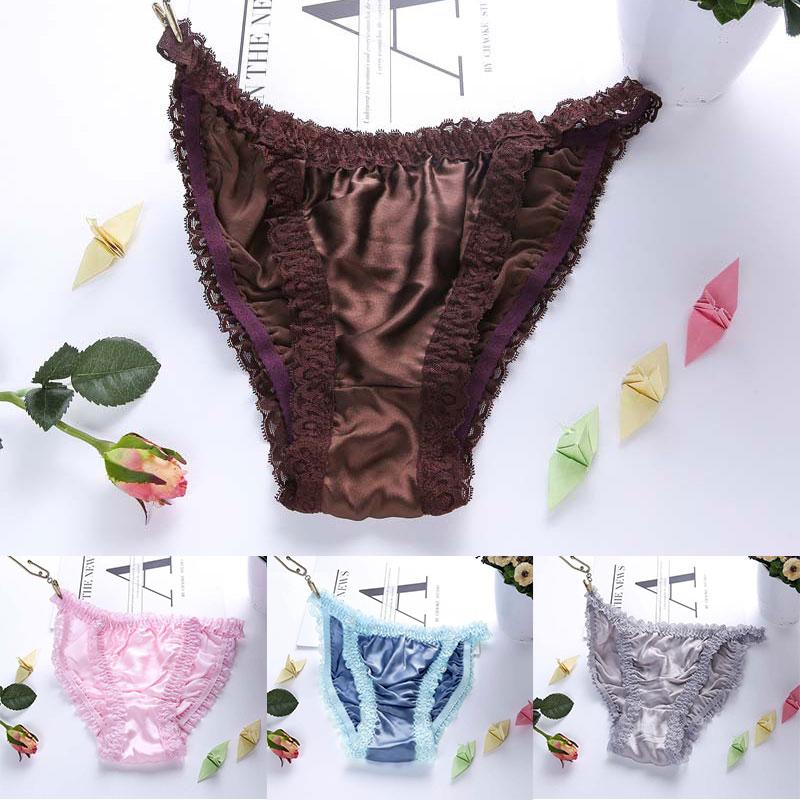 1Clotheszone Women Underwear Soft Silk Satin Silk Panties Lingerie Lace Knickers G-String Summer Briefs