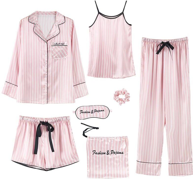 Sexy Lady Lingerie 7 Pcs Woman Pajama Set Nightdress+Top+Long Short Pant Set Striped Sexy Female Pajamas