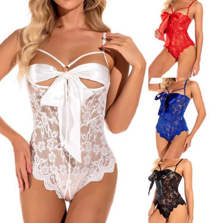 Puyota Sexy Lingerie Female Lace Transparent See-Through One-Piece Underwear Uniform Temptation Passion Open Crotch Underwear