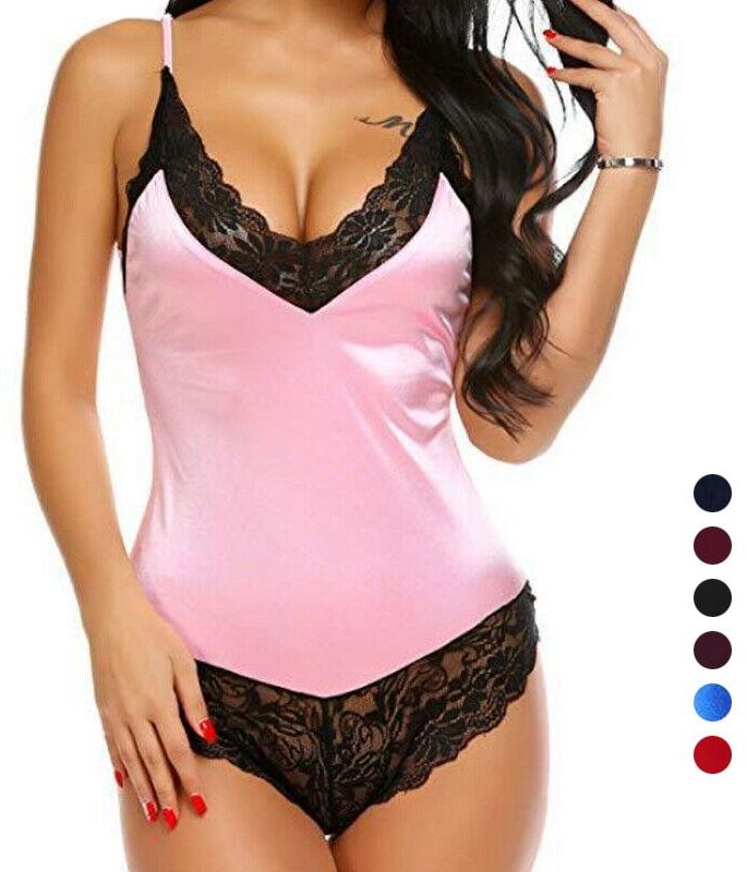 yettasheila Women Lace Satin Patchwork Erotic Lingerie Deep V Neck Sling Underwear Backless Babydoll Nightwear