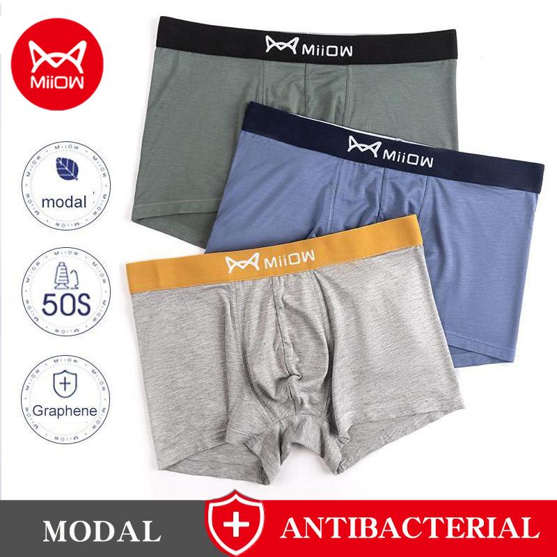 Miiow 3Pcs Modal Cotton Men's Underwear Graphene Crotch Antibacterial Boxer Shorts Adult Loose Breathable Shorts L-4XL