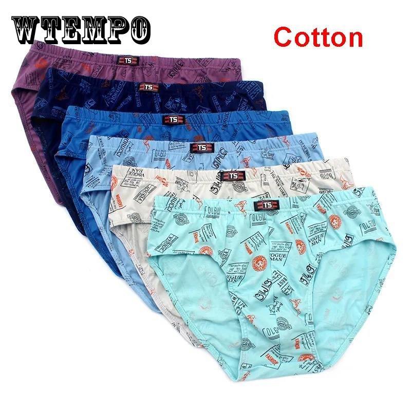 WTEMPO 6 Packs of Men's Cotton Underwear, Mid-waist, Large-size Printed Briefs, Suitable for Young and Middle-aged Men