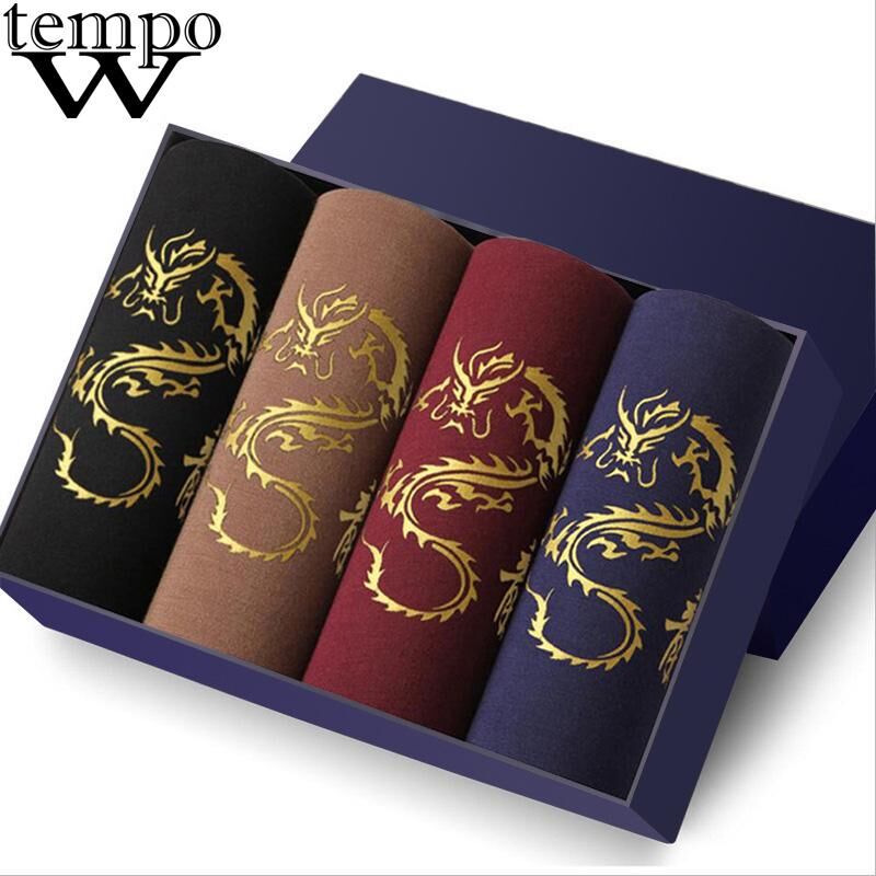 WTEMPO 4-pack Men's Underwear Men's Boxer Mid-waist Breathable Antibacterial Youth Tide Printing U-convex Boxer Trousers