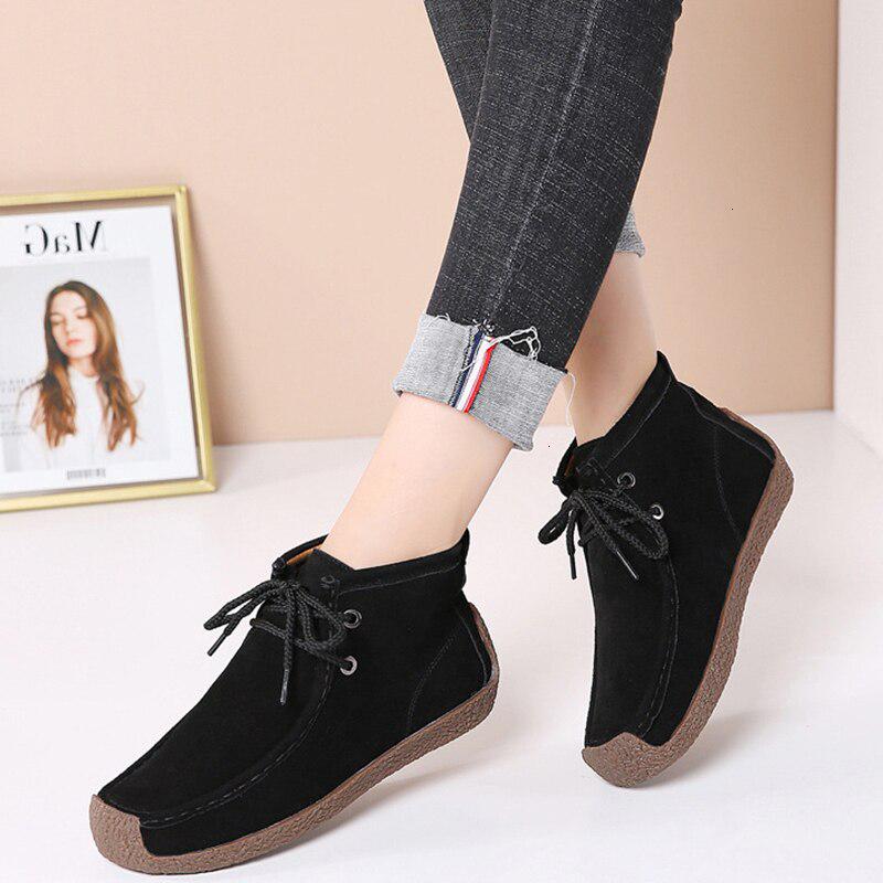 Veamors lingerie Women Cow Suede Leather Boots Warm Comfort Soft Flat Shoes Lace Up Ladies Martin Short Boots