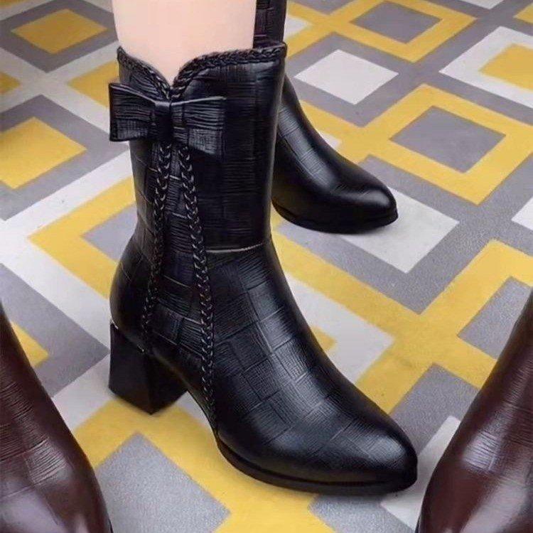 RJ37CE British Style Women's Boots with Pointed Toe and Mid Length Boots, Side Zippers, Thick Heels, Women's Bow Martin Boots