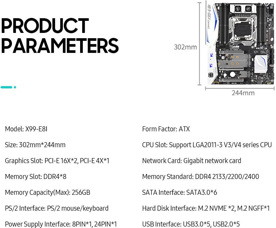 TOMTOP JMS Jingsha X99-E8I Gaming Motherboard with 8 DDR4 Memory Slots 6 SATA3.0 Ports Support Intel Xeon E5