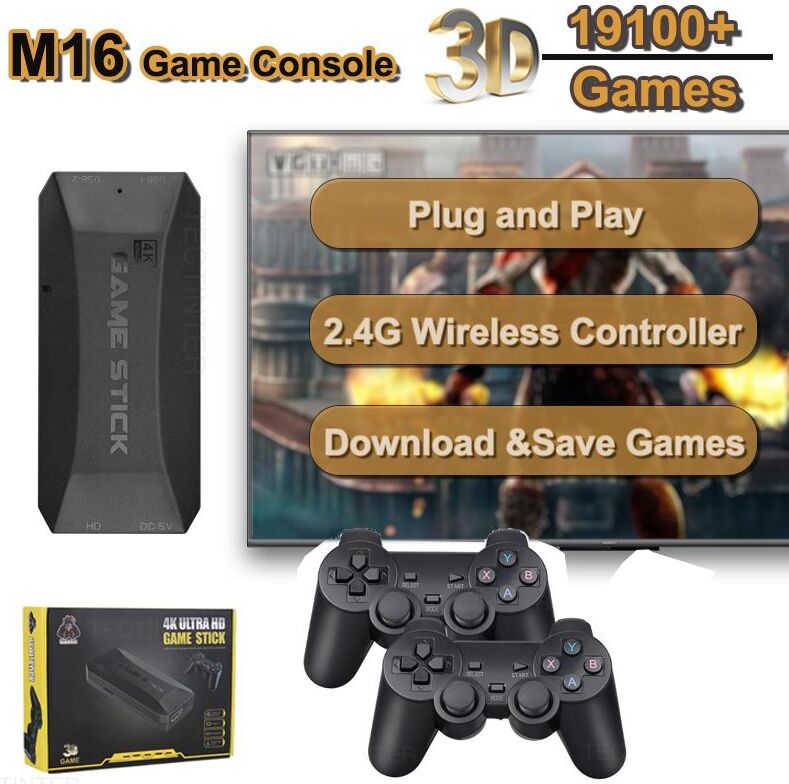 TECTINTER TV Game Stick M16 4K HD Video Game Console Built-in 19100 Games Wireless Controller Retro Handheld Game Player