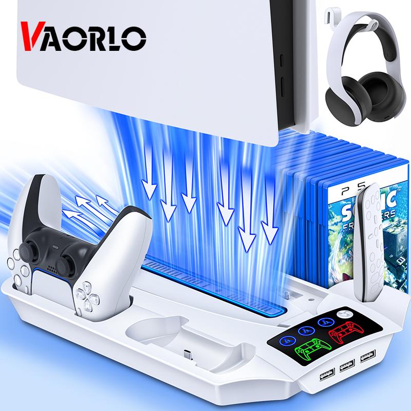 VAORLO For PS5 Accessories Vertical Cooling Fan Stand For PS5 Dual Controller Charging Dock Fast LED Charging Station For PS 5