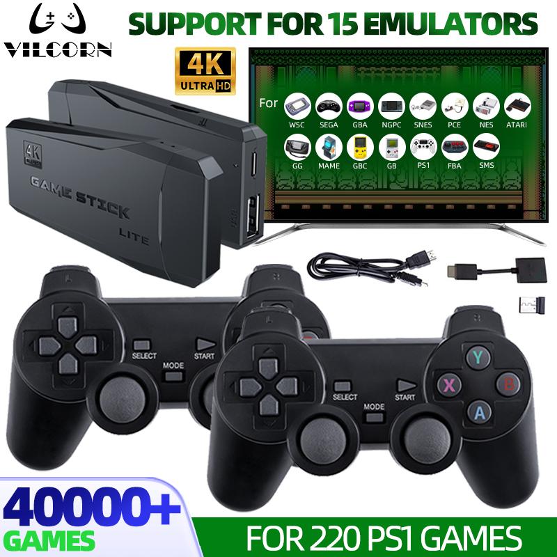 VILCORN 2024 New Game Stick 4K TV Retro Video Game Console Built-in 40000+Family Games 15 Emulator For FBA GBA 2.4G Wireless Controller