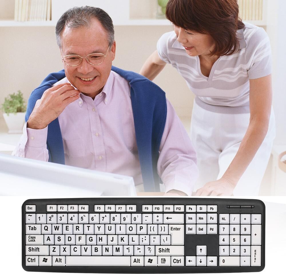 GoolRC USB Wired Keyboard for Low Vision Users with Large White Keys Black Letters for Old Men