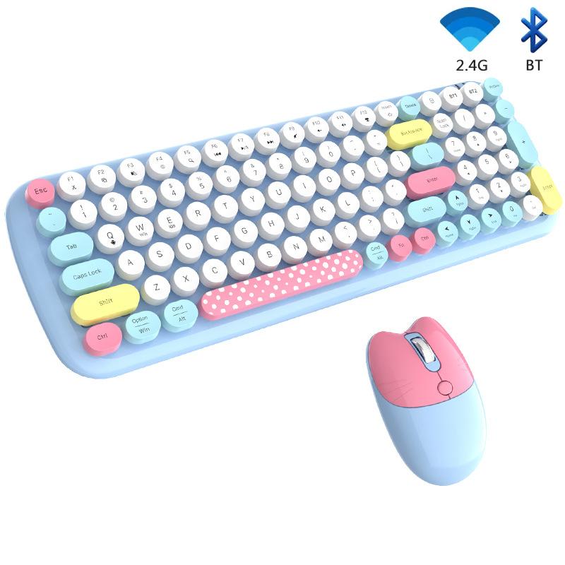 SeenDa Cute keycap 2.4G+Bluetooth Wireless Keyboard Mouse Set for PC Laptop Phone Tablet Candy Color Bluetooth Keyboard and Mouse Comb with Circular Dopamine