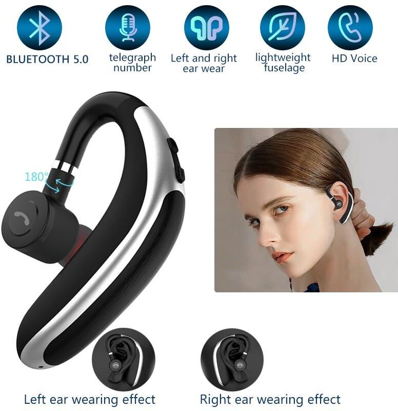 Electronic Welfare Mall K20 Single Ear Bluetooth 5.0 Headset With Mic Car Business Wireless Headphone Ear Hook In-Ear Earbuds Nosie Reduction Clear Call