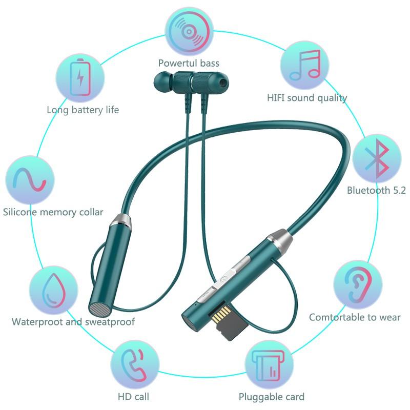 Electronic Welfare Mall Magnetic Neck-Hanging Bluetooth Headphones Upgrade Bluetooth 5.2 Headset In Ear Earphones Support Memory Card Music Player