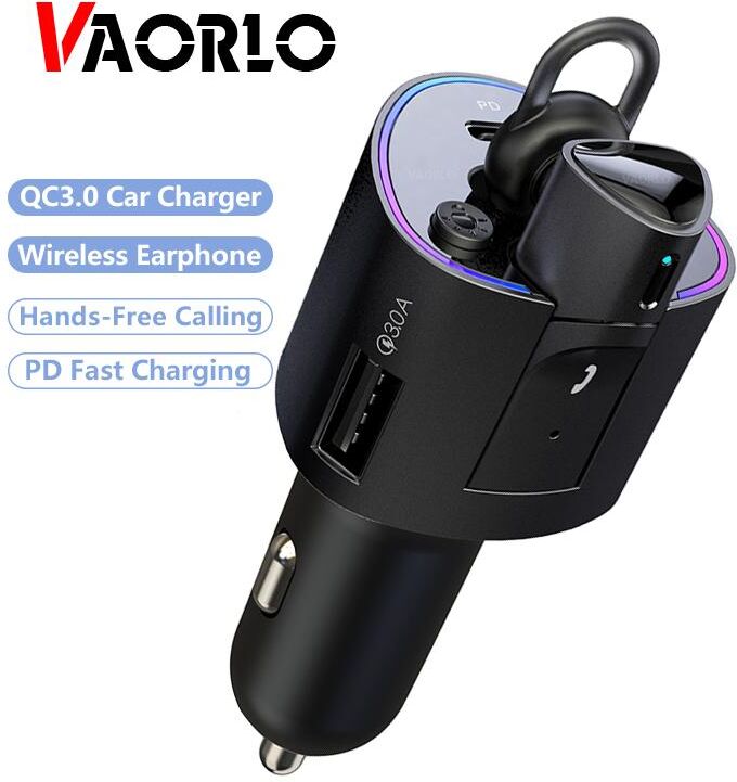 VAORLO Car Charger Wireless Headset Noise Cancel HD Microphone Earphone Hands-Free Calling QC3.0 Car Charge USB PD Fast Charge