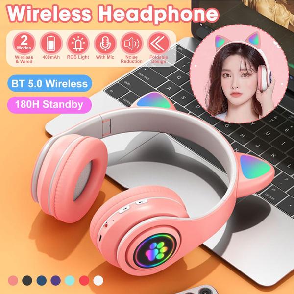 LYZRC Online Bluetooth 5.0 Headphone with Microphone Cute Cat Ear Wireless/Wired Foldable Headphone Bass RGB Breathing Light for Boys/Girls