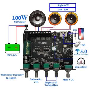 HIFI Club 2*50W+100W Power Subwoofer Bluetooth Amplifier Board Sound Class D Home Theater Audio Stereo Equalizer AUX Amp