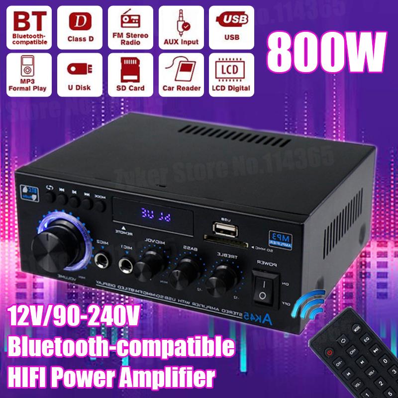 MAOZUA01 AK45 800W Home Power Amplifier 2 Channel Bluetooth 5.0 Mini Hifi Digital Stereo Sound Amplifier Support FM USB SD Mic input