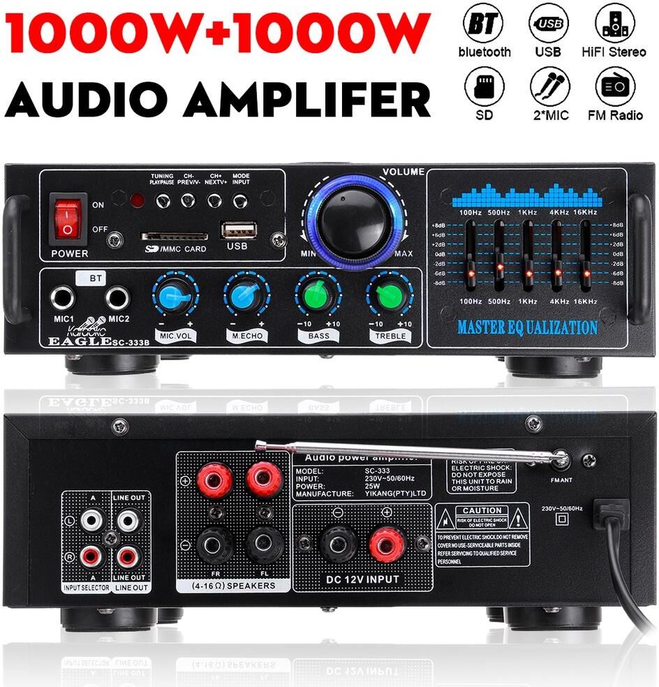 The Romantics 2000W bluetooth Stereo Amplifier 220V Surround Sound Mixer FM AUX USB SD AMP Home Cinema Karaoke Remote Control 2 Micphone