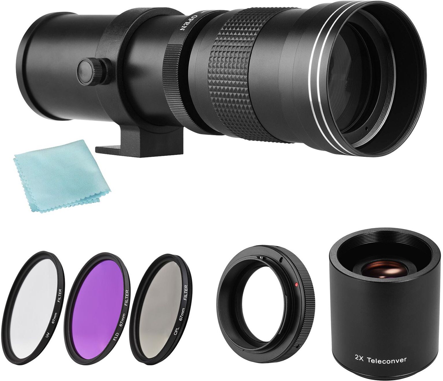 TOMTOP JMS Camera MF Super Telephoto Zoom Lens F/8.3-16 420-800mm T Mount + UV/CPL/FLD Filters Set +Teleconverter Lens + T2-EOS Adapter Ring