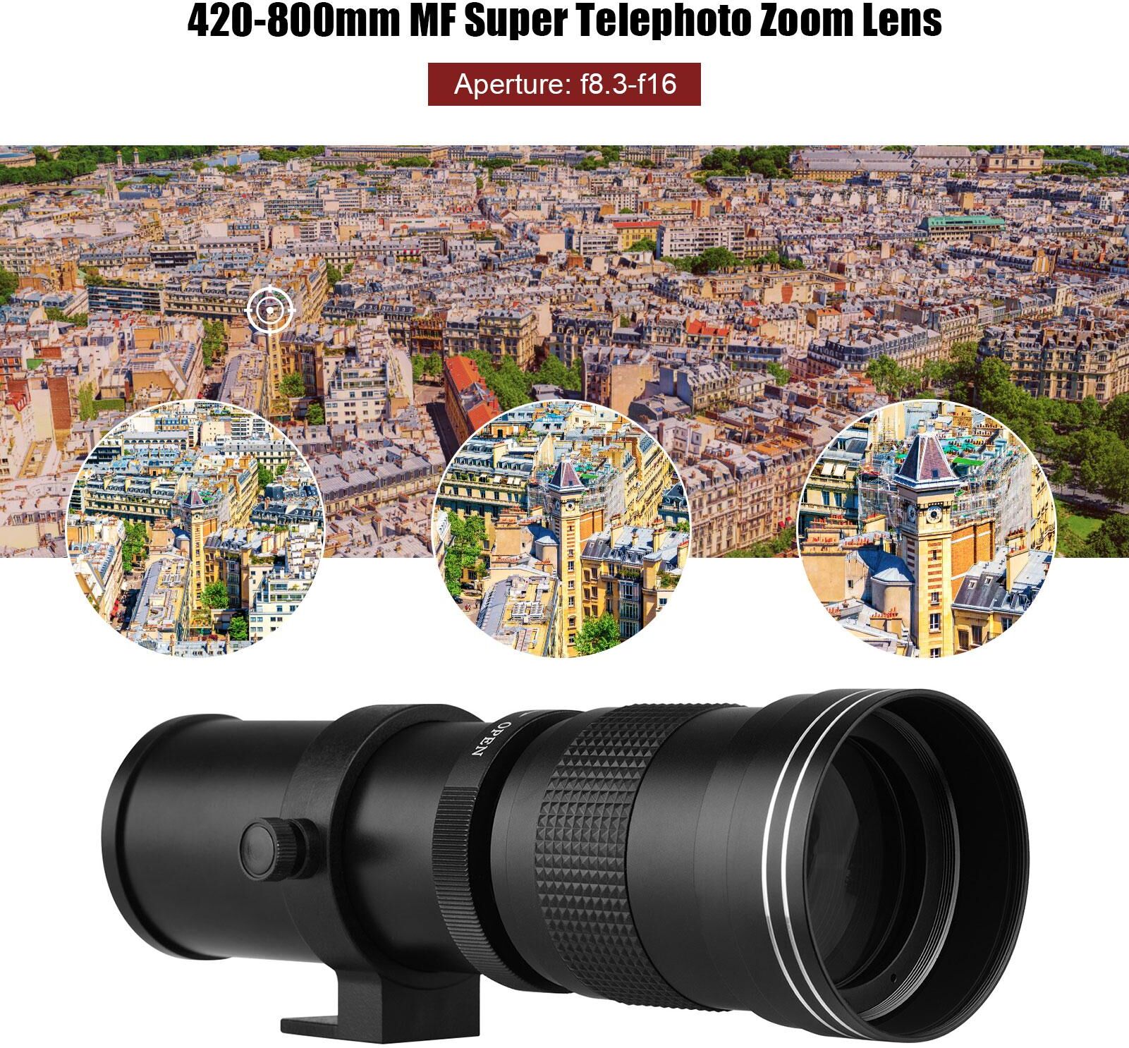 TOMTOP JMS Camera MF Super Telephoto Zoom Lens F/8.3-16 420-800mm T Mount + UV/CPL/FLD Filters Set +2X