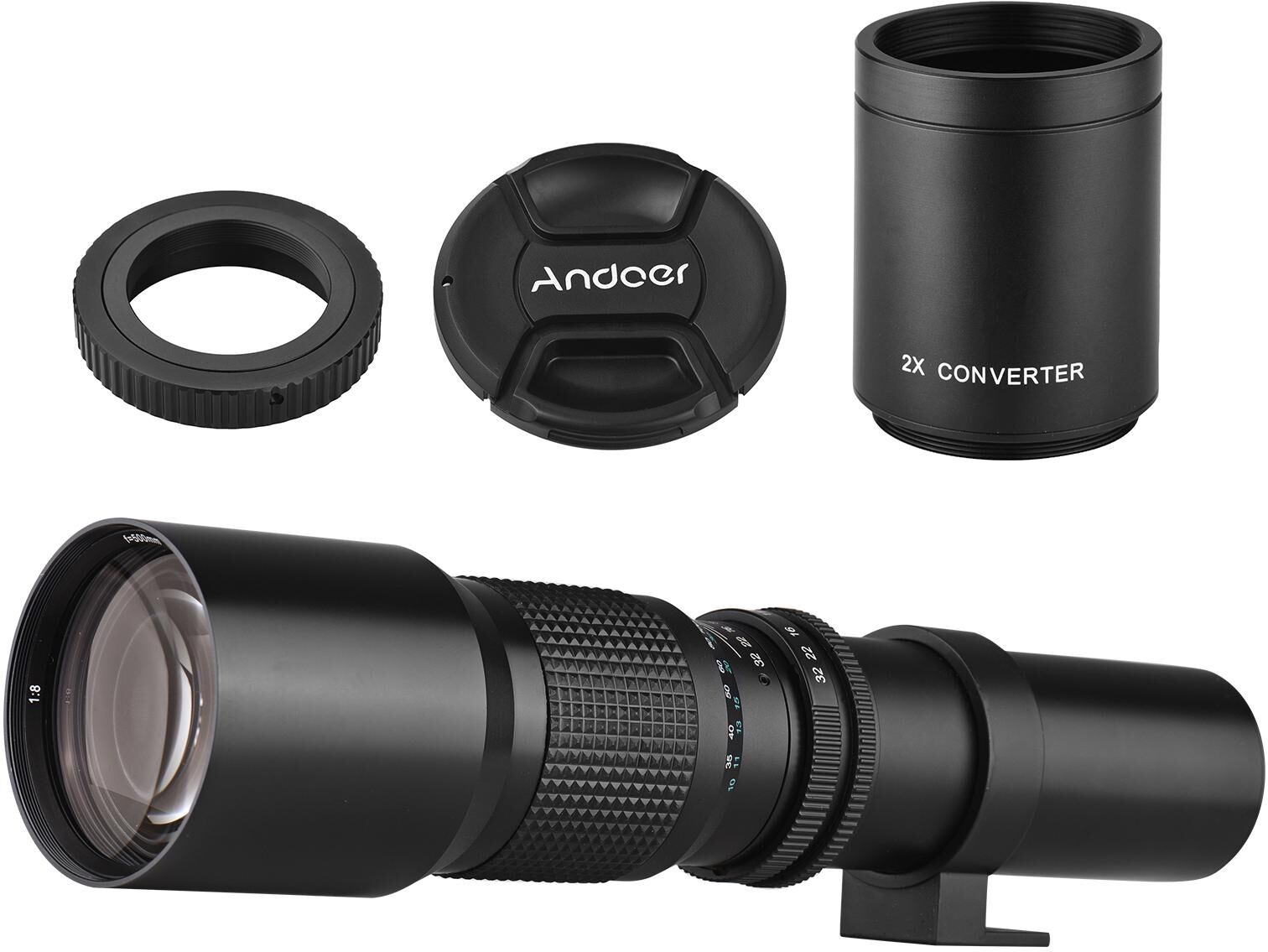 Andoer 500mm/ 1000mm f/8 Manual Focus Camera High Power Telephoto Lens with 2X Converter Lens Cover