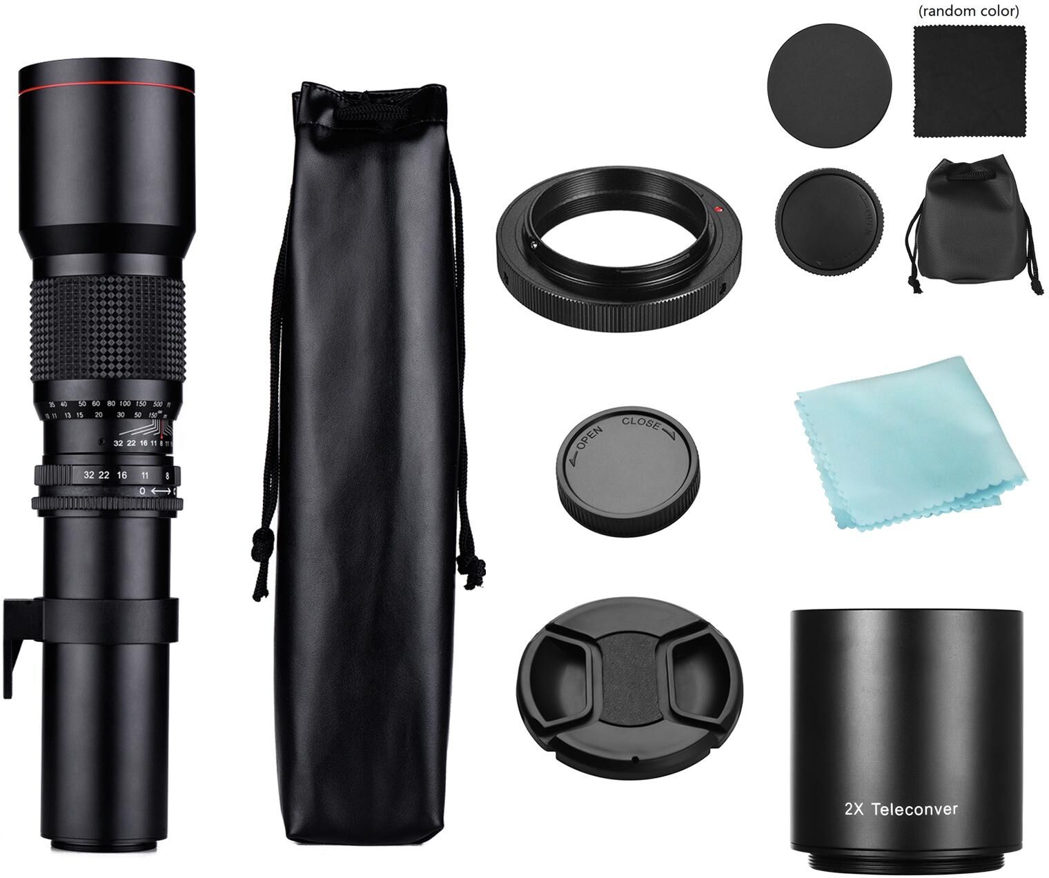 TOMTOP JMS Camera Super Telephoto Lens 500mm F/8.0-32 Manual Zoom T-Mount + 2X 500mm Teleconverter Lens +