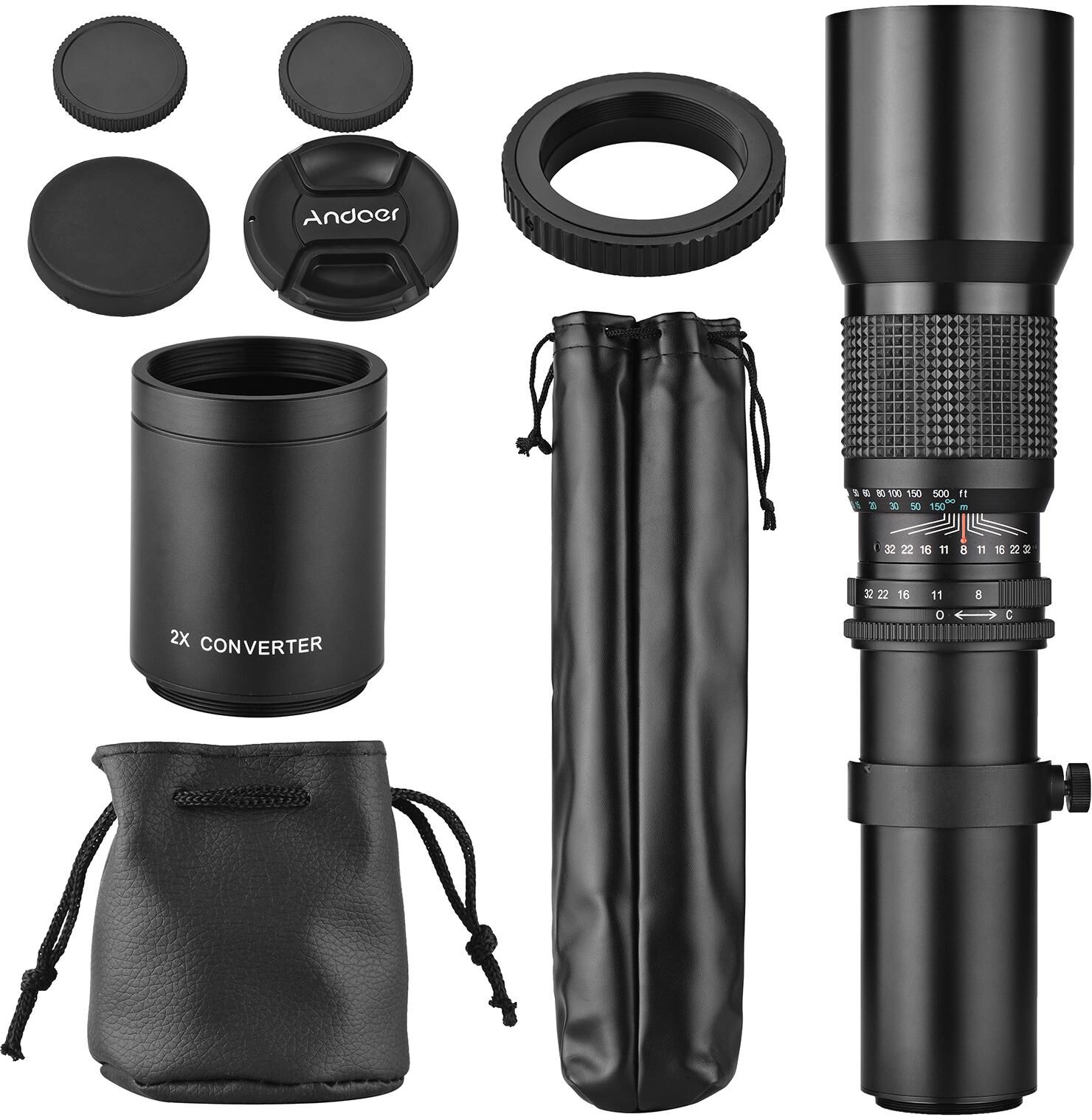 Andoer 500mm/ 1000mm f/8 High Power Camera Telephoto Lens Manual Focus with 2X Converter Lens Cover