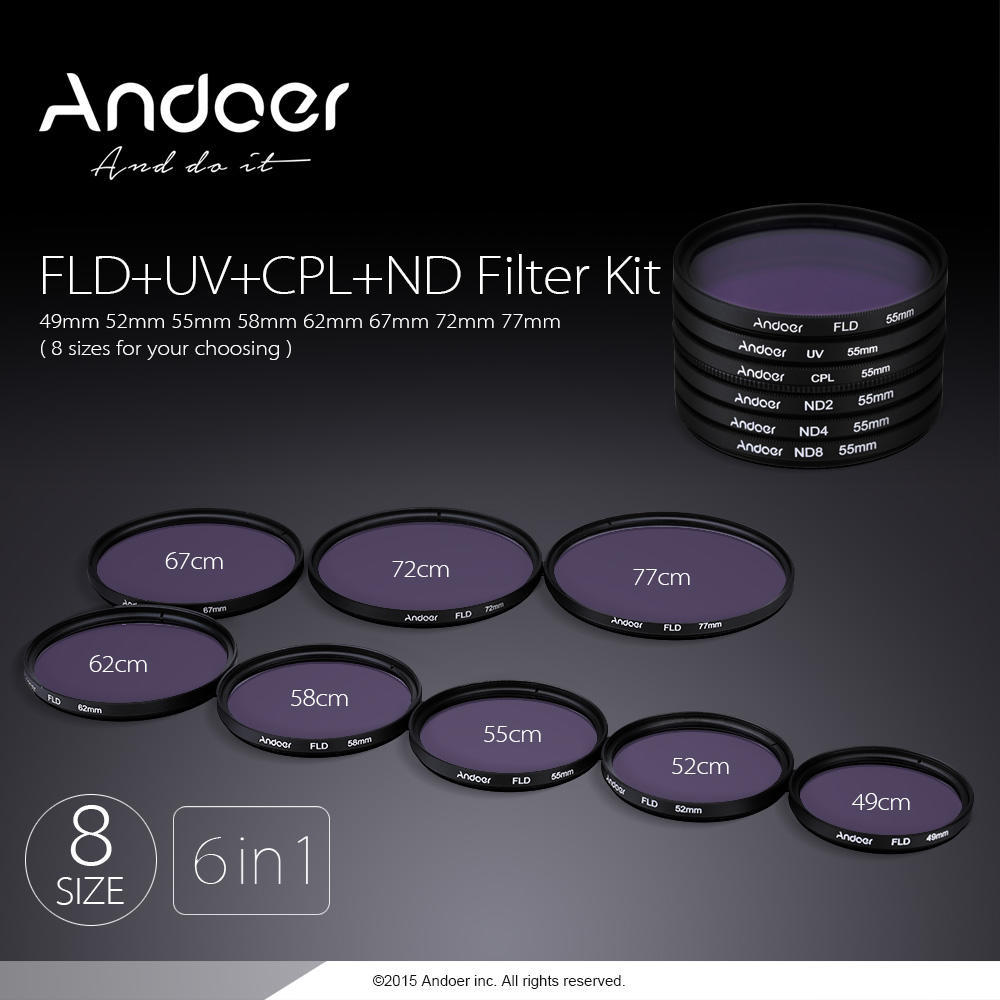 Andoer 62/67/55/52/58/77mm UV+CPL+FLD+ND (ND2 ND4 ND8) Photography Filter Kit Set Ultraviolet Circular-Polarizing