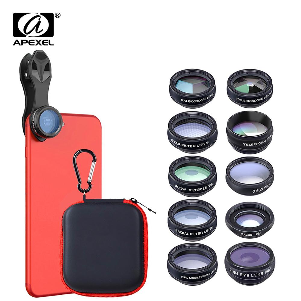 APEXEL 10 In 1 Phone Camera Lens Kit Fisheye Wide Angle Macro Lens CPL Filter Kaleidoscope and 2X Telescope Lens for Smartphone