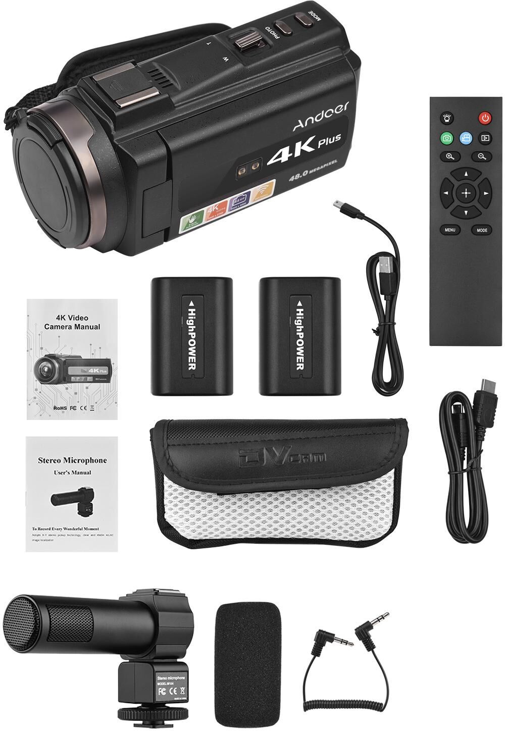 Andoer 4K/60FPS 48MP WiFi Digital Video Camera Set 1 Camcorder Recorder + 1 Microphone + 1 Remote