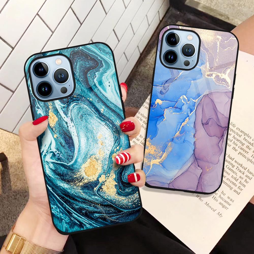 POMOIII-Digital 3C Art Marble Fashion Phone Case For Iphone 14 13 11 12 Pro Max Mini Xs Xr X 7 8 6s Plus Se 2022 Tempered Glass Cover Bumper Fundas