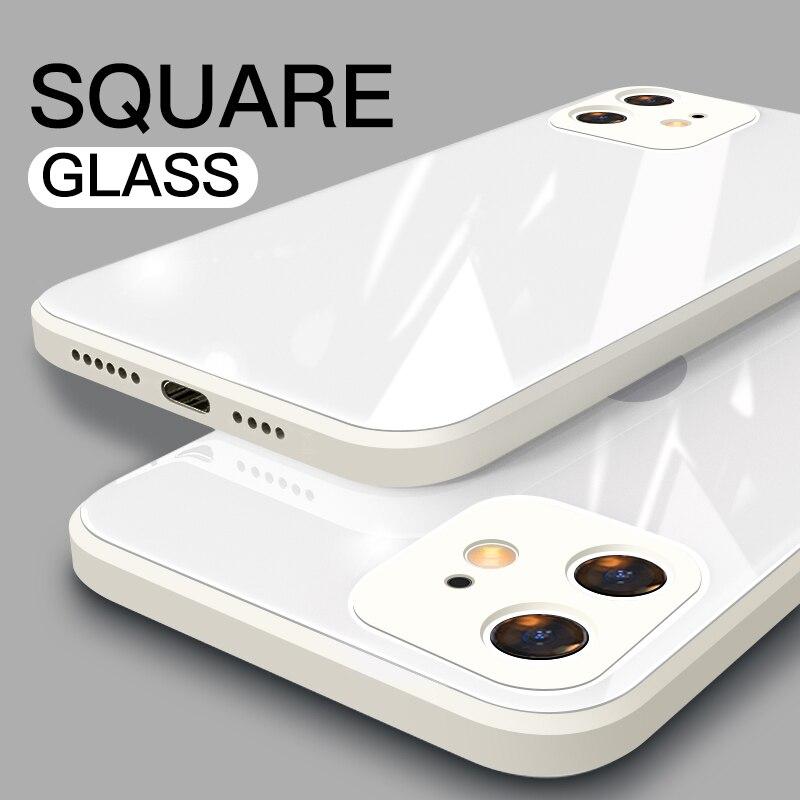 New case Square Tempered Glass Case For iPhone 14 7 8 Plus 11 12 Pro Max XR XS X SE 2 2020 Shockproof Soft Frame Back Cove