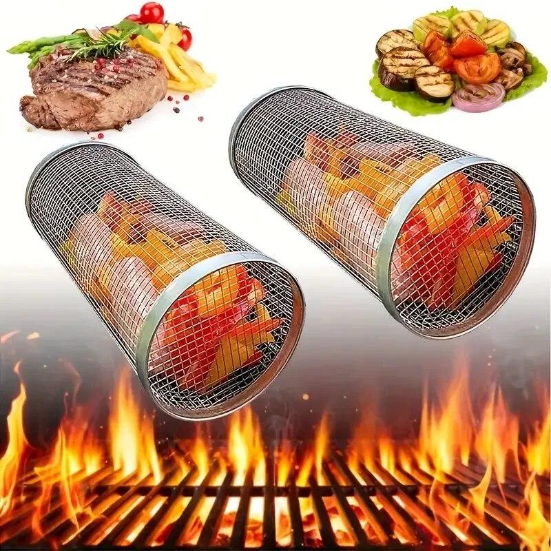 Bang Dang Barbecue Cages BBQ Rolling Grilling Basket Grate Stainless Steel BBQ Grill Basket Mesh Perfect for BBQ Rolling