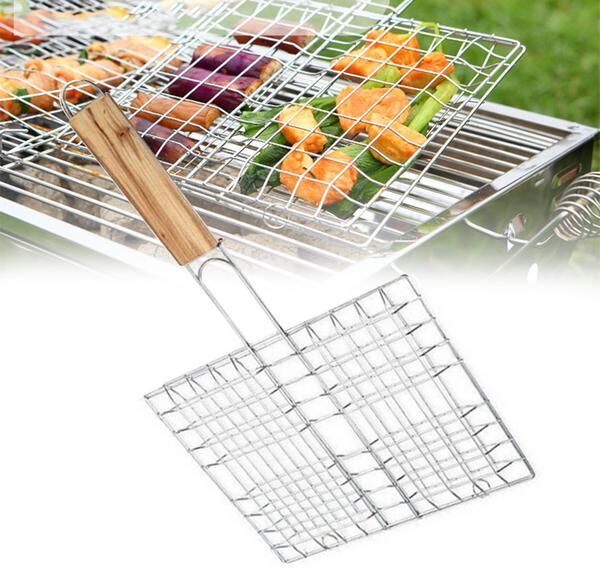 JX Household tools kitchen Mall Barbecue Grilling Basket Grill BBQ Net Tool Wooden Handle Meat Fish Vegetable