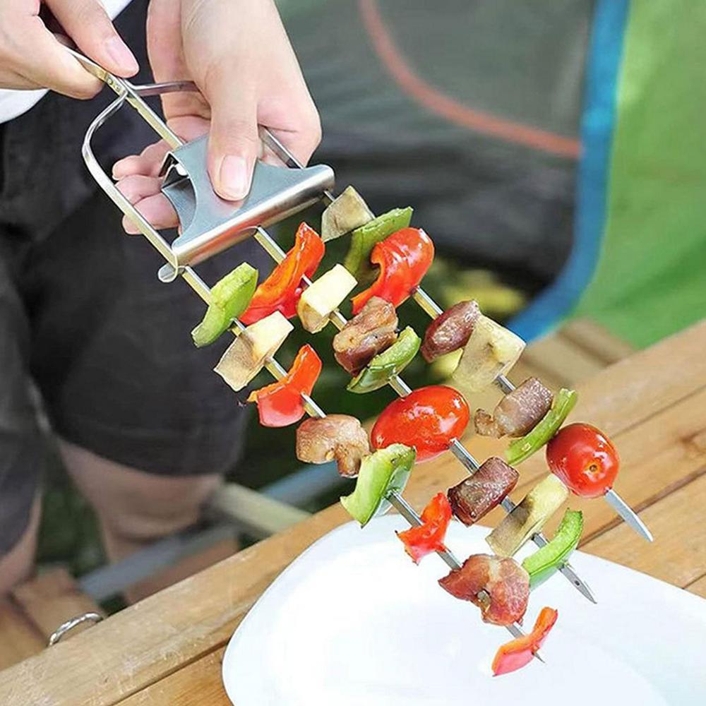 HOMEONE 3 Way Grill Skewers Shrimp Skewers For Grilling Stainless Steel Grilling Sticks With Push Bar 3-Prong Skewer Bbq Stick